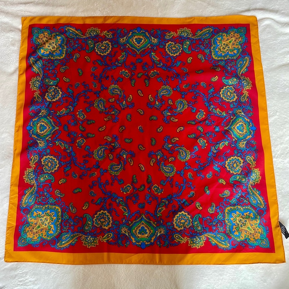 Vintage 1980s Korean 100% Polyester 30x30” Square Paisley Print Scarf